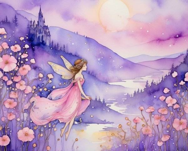 Whimsical Fairy Above Serene Landscape with Castle