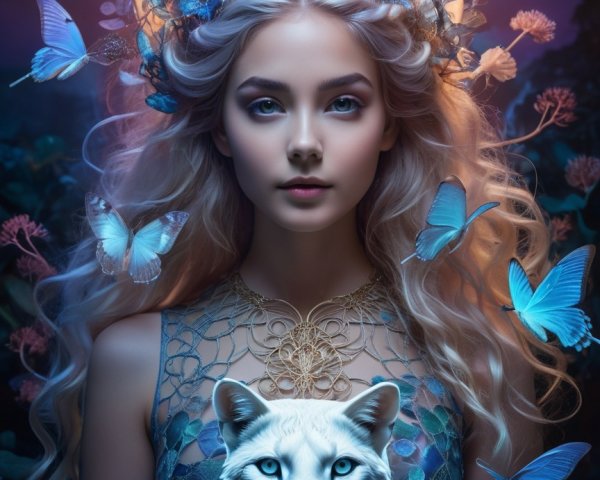 Mystical Scene with Woman, Butterflies, and Tiger