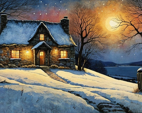 Stone Cottage on Snowy Hill Under Full Moonlight