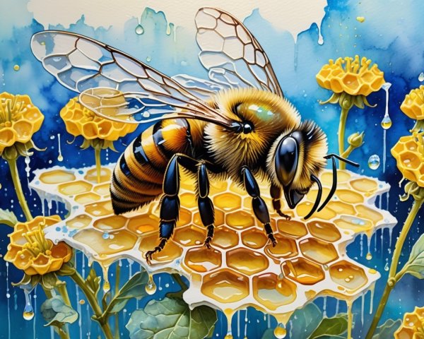 Illustration of a bee on honeycomb with flowers
