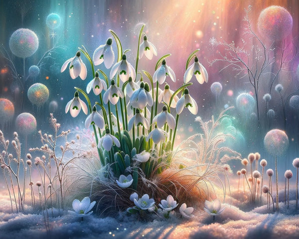 Serene winter scene with snowdrop flowers and pastel colors