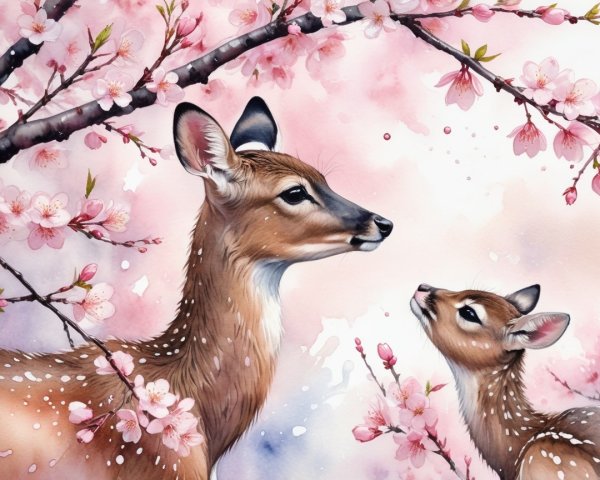 Watercolor Scene of Deer Among Cherry Blossoms