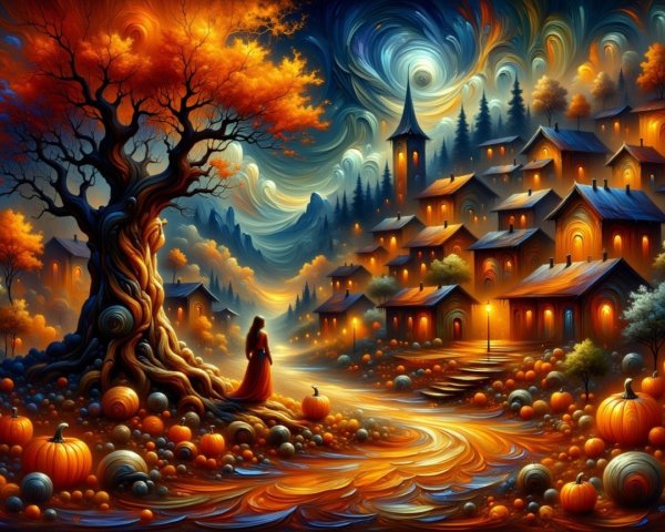 Vibrant Autumn Scene with Pumpkins and Twisted Tree