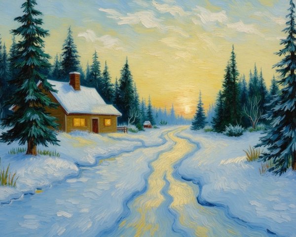 Winter Landscape with Cabin and Snow-Covered Pines