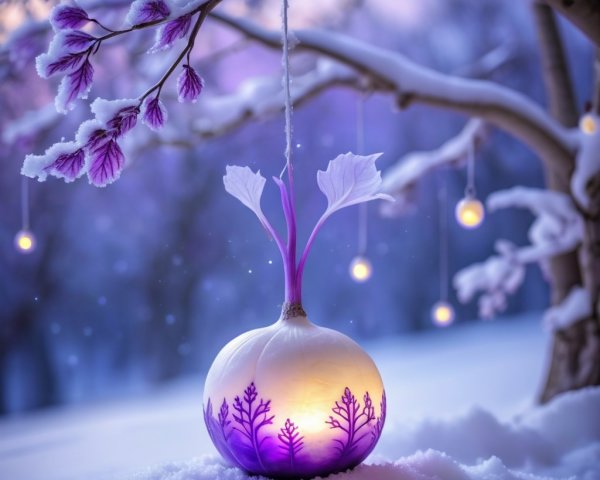 Snowy Landscape with Tree and Purple Floral Ornaments