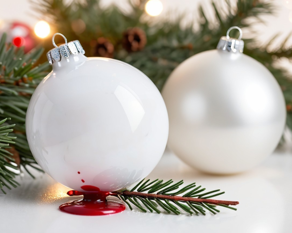 Christmas Ornaments on Pine Branches with Red Liquid