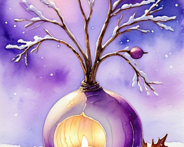 Whimsical Winter Scene with Purple Bulb and Candle