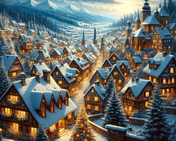 Vibrant Snow-Covered Village with Christmas Tree and Mountains
