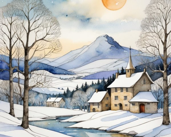 Winter Village Scene in Watercolor with Snow and Trees
