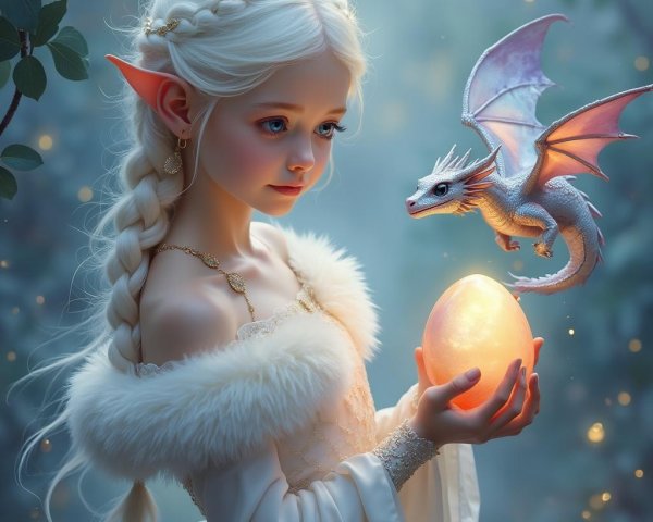 Young girl with glowing egg and playful dragon in forest