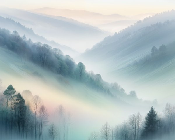 Serene Landscape of Foggy Rolling Hills and Trees