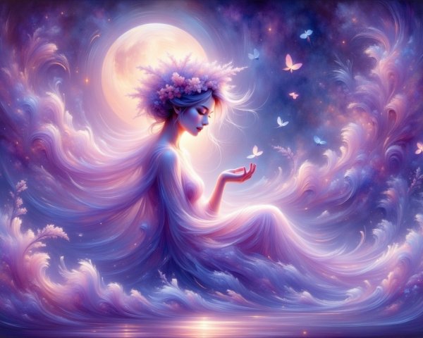 Ethereal Scene with Serene Figure and Pastel Waves