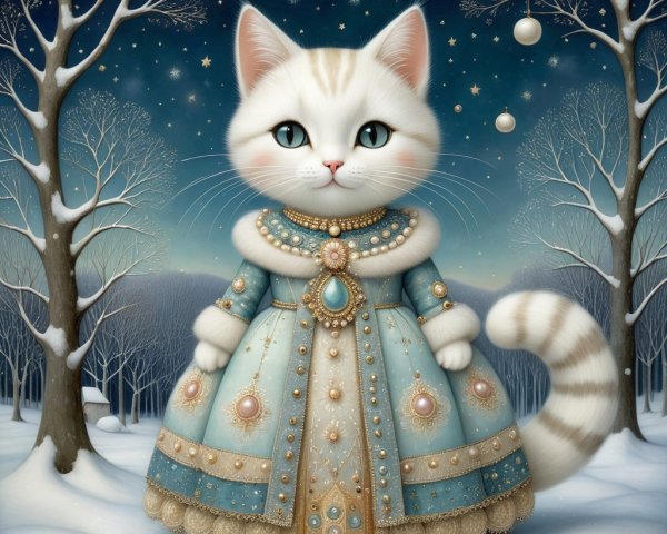 White Tabby Cat in Victorian Dress in Winter Forest