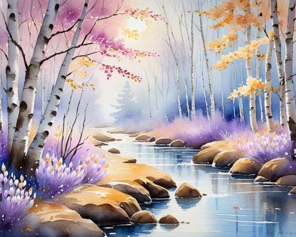 Watercolor Landscape of Autumn Forest and Stream