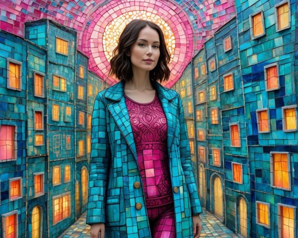 Woman in Colorful Setting with Stained Glass Buildings