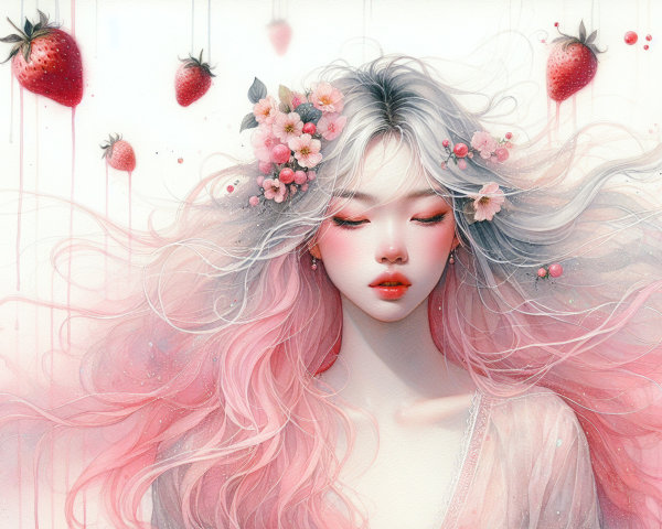 Ethereal girl with pink hair and flower crown