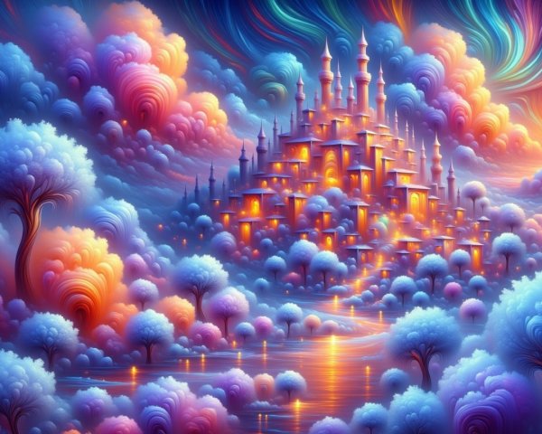 Dreamlike Landscape with Majestic Castle and Clouds