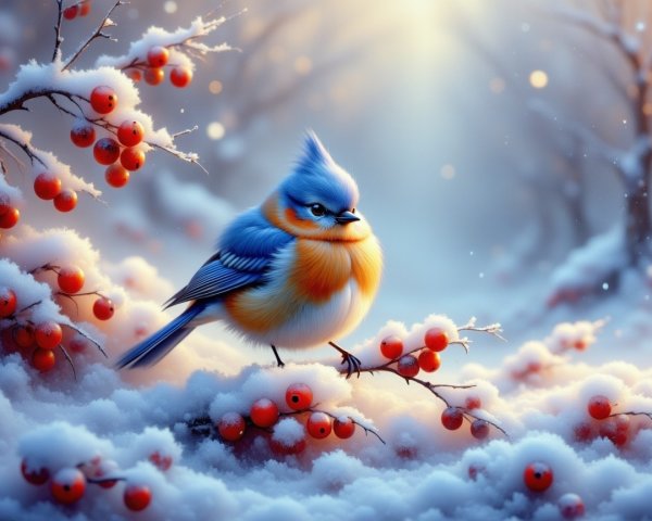 Blue and orange bird in snowy winter landscape