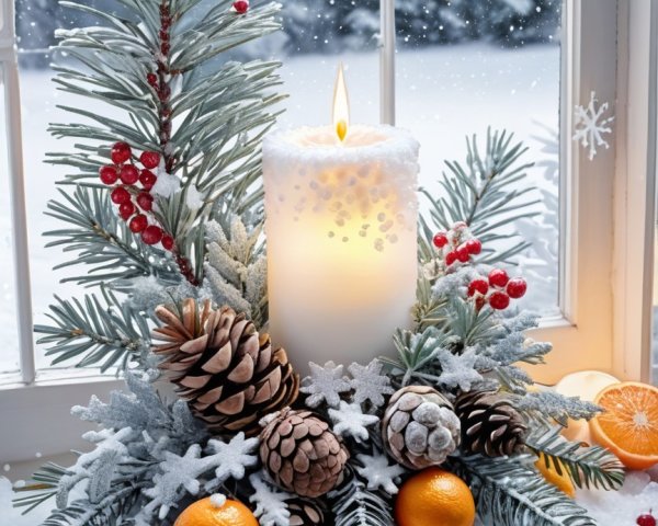 Winter Wonderland Christmas Arrangement on Snowy Windowsill