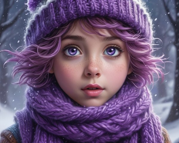 Young girl with purple hair in snowy landscape