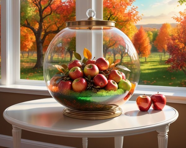 Glass Dome Display of Apples with Autumn Foliage View