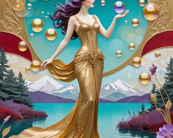 Ethereal Figure in Gold Gown Surrounded by Orbs