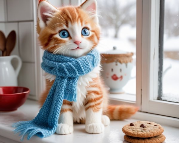 Lifelike orange and white kitten on snowy windowsill