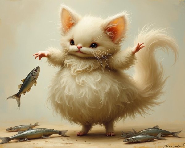 Playful White Kitten Surrounded by Small Fish