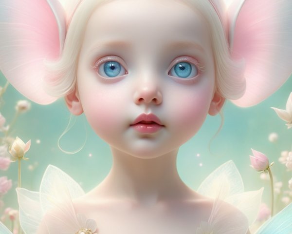Delicate Fairy with Blue Eyes in Ethereal Setting