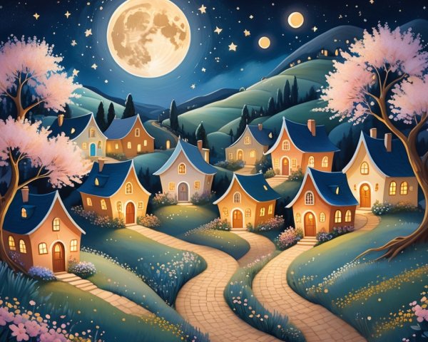 Charming Village Under Bright Full Moon and Stars