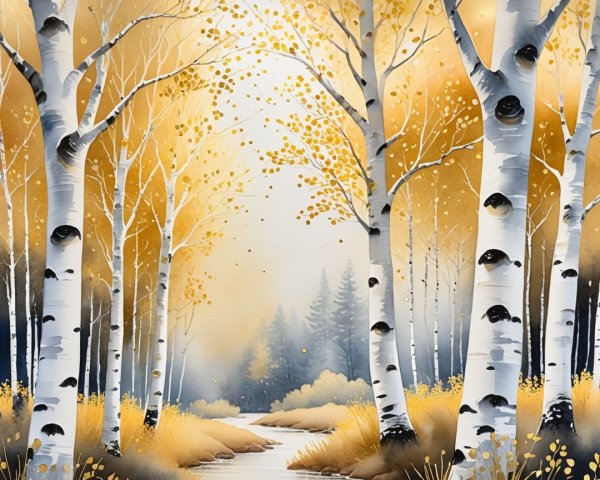 Serene Forest Scene with Autumn Birch Trees and Stream