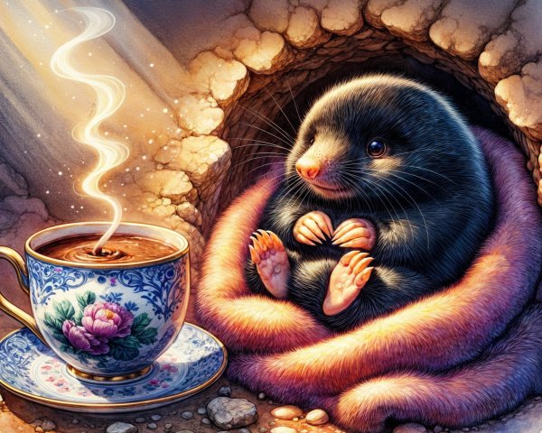 Cozy Mole in Blanket with Floral Teacup and Warm Light