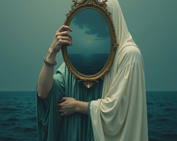 Person with Mirror Reflecting Serene Seascape