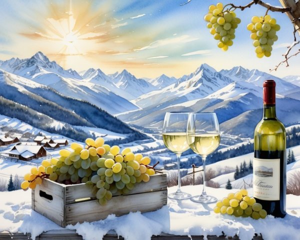 Winter Landscape with Snowy Mountains and Wine Setup