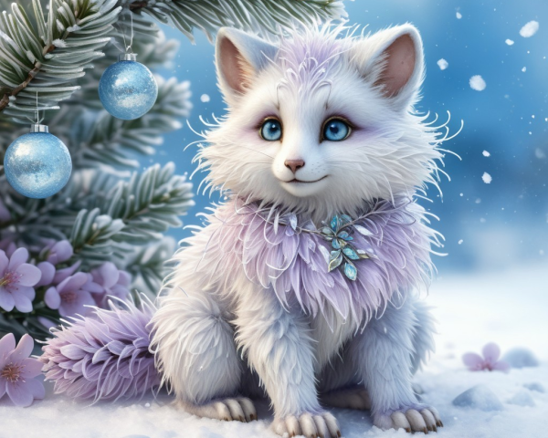 Fluffy White Creature in Snowy Winter Landscape