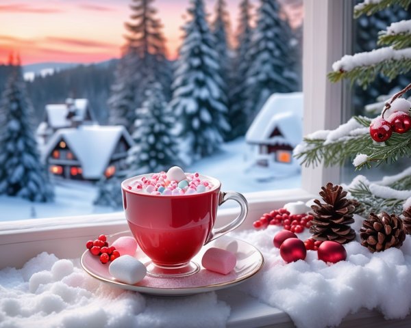 Cozy Winter Scene with Hot Chocolate and Snowy Landscape