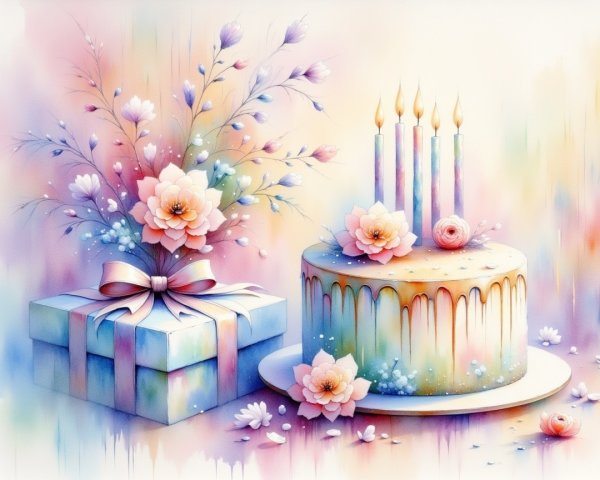 Pastel Drip Cake with Candles and Gift Surrounded by Flowers