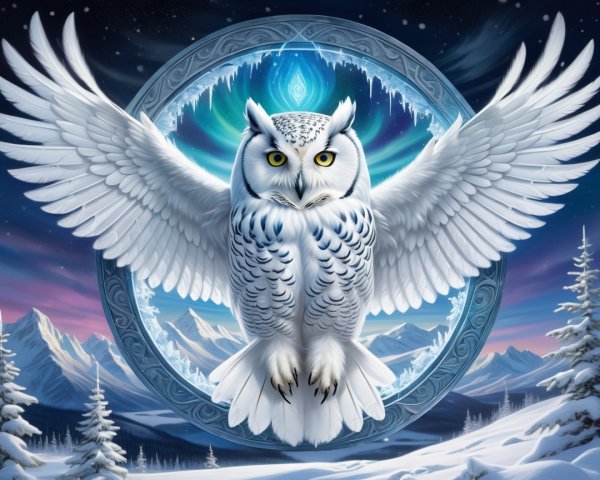 Snowy Owl in Twilight Sky with Icy Mountains Background