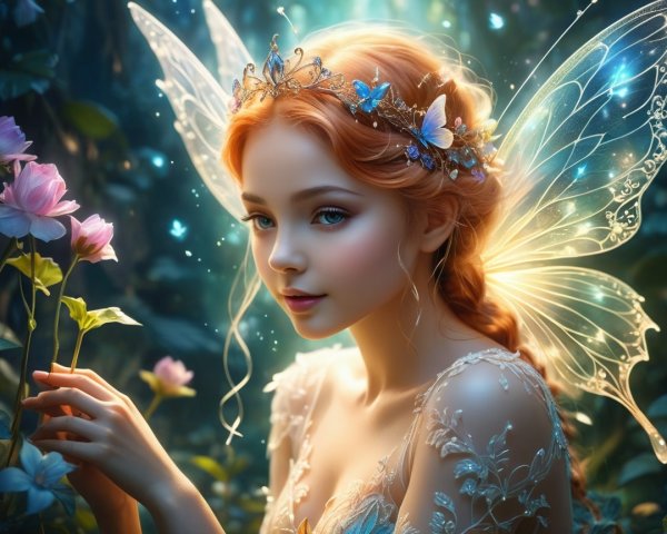 Ethereal Fairy with Red Hair in Flowering Landscape