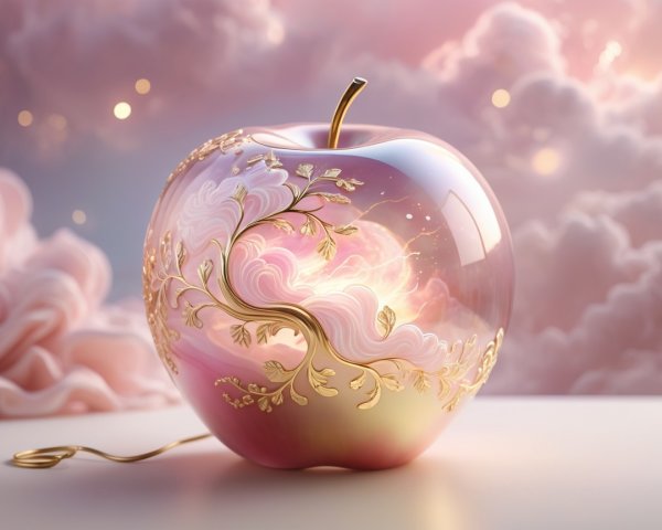 Glossy apple with golden vines and pastel hues