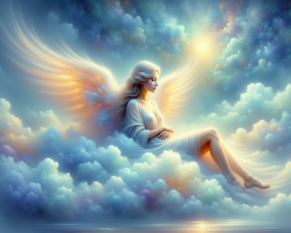 Serene angel on clouds with pastel background