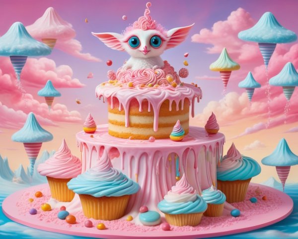 Whimsical Dessert Scene with Colorful Cakes and Clouds