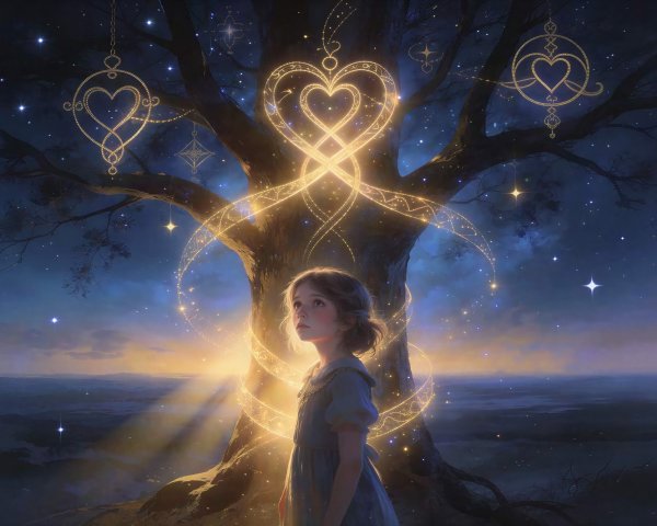 Young girl by tree with glowing heart symbols at twilight