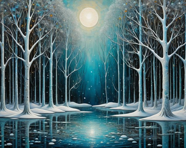 Serene Winter Landscape with Moonlit Lake and Trees