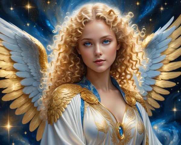 Celestial Figure with Golden Wings in Cosmic Scene