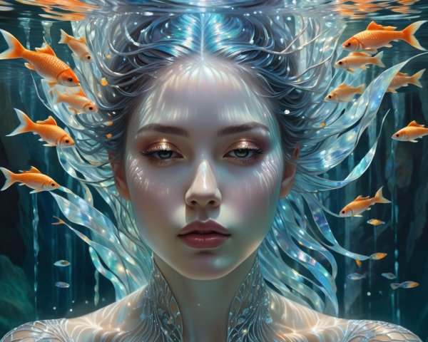 Underwater Scene with Ethereal Woman and Golden Fish