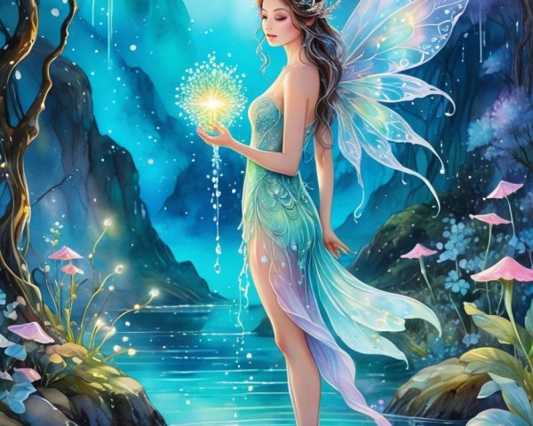 Fairy in a Tranquil Lagoon with Glowing Mushrooms