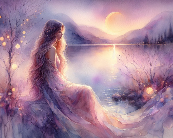 Fantasy Watercolor Painting of a Maiden by a Lake