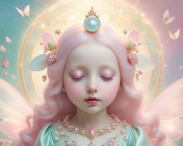 Ethereal girl with pastel pink hair and butterfly wings