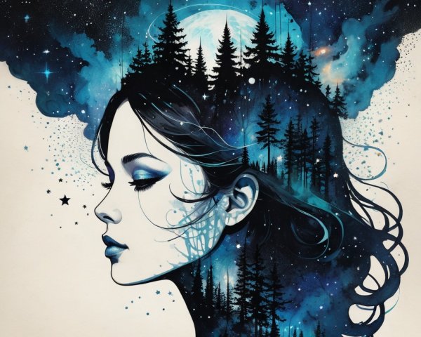 Surreal Profile of a Woman in a Mystical Landscape